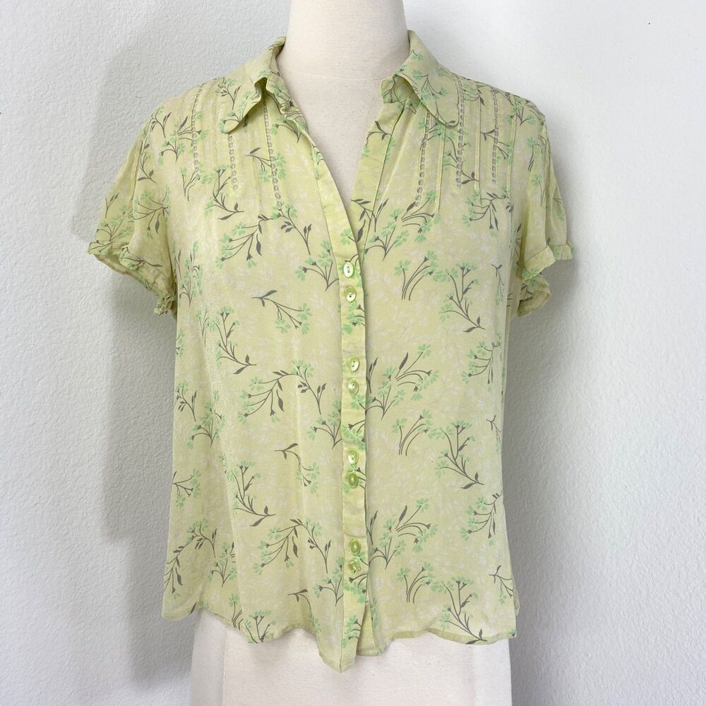 Vtg Y2k Old Navy Lime Green Sheer Silk Blouse Large Whimsy Fairy Peasant Boho
